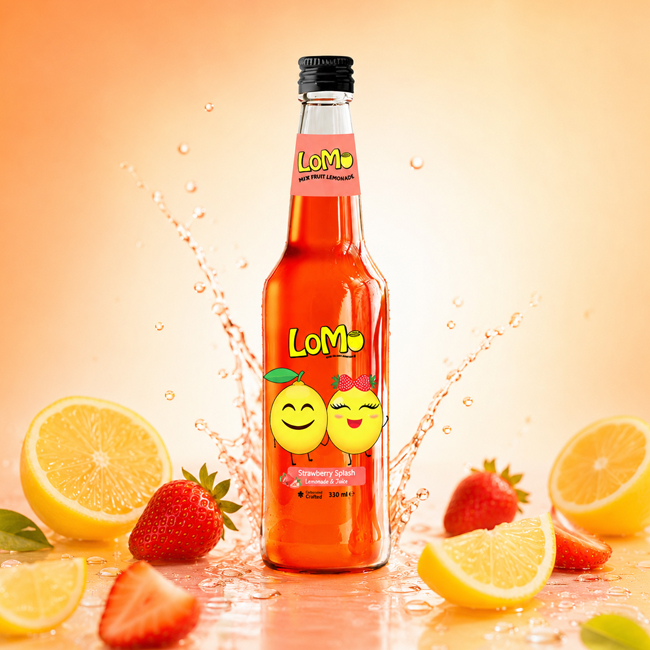 LOMO Strawberry Splash lemonade with fresh strawberries, offering a sweet and vibrant refreshment.
