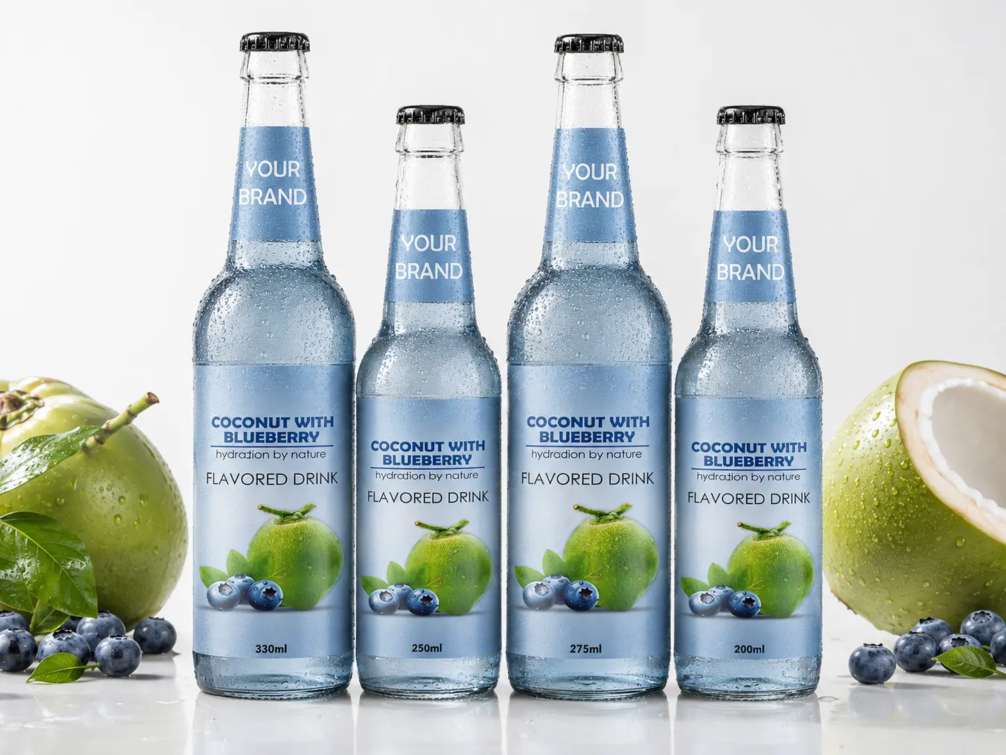 COCONUT FLAVORED DRINK blueberry flavour shown in 330ml, 250ml, 275ml, and 200ml bottles.
