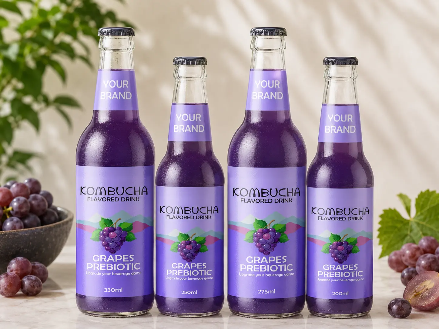 KOMBUCHA DRINK Grapes Prebiotic in 200ml, 250ml, 275ml and 330ml glass bottles.