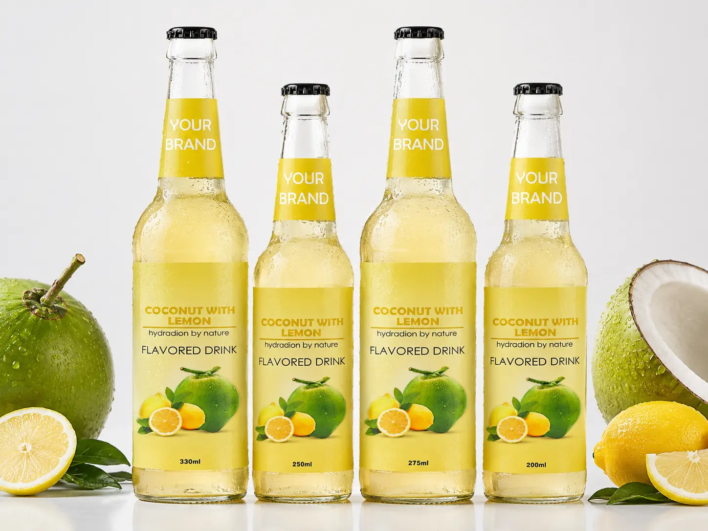 COCONUT FLAVORED DRINK lemon flavour shown in 330ml, 250ml, 275ml, and 200ml bottles.