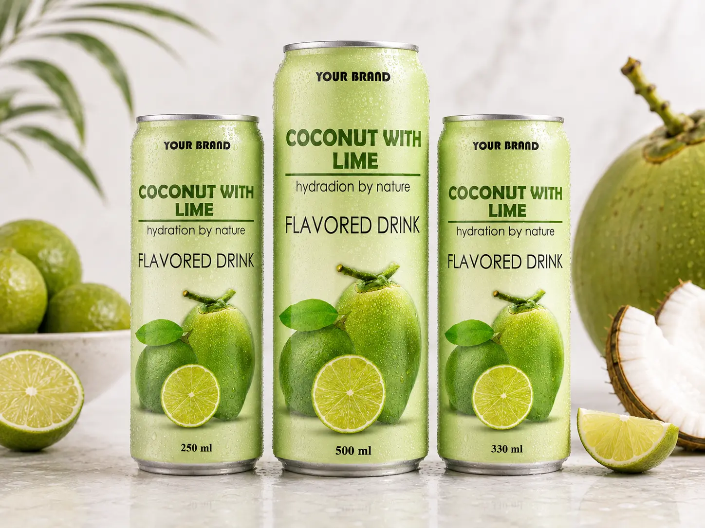 COCONUT FLAVORED DRINK lime flavour shown in 250ml, 500ml, and 330ml cans.