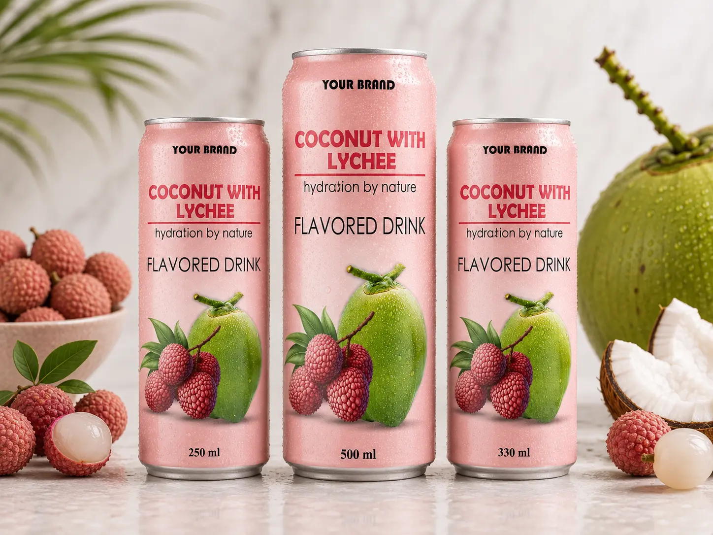 COCONUT FLAVORED DRINK lychee flavour shown in 250ml, 500ml, and 330ml cans.