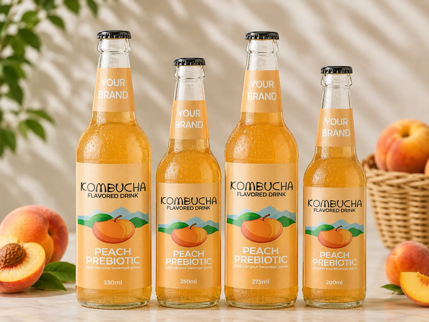 KOMBUCHA DRINK Peach Prebiotic in 200ml, 250ml, 275ml and 330ml glass bottles.