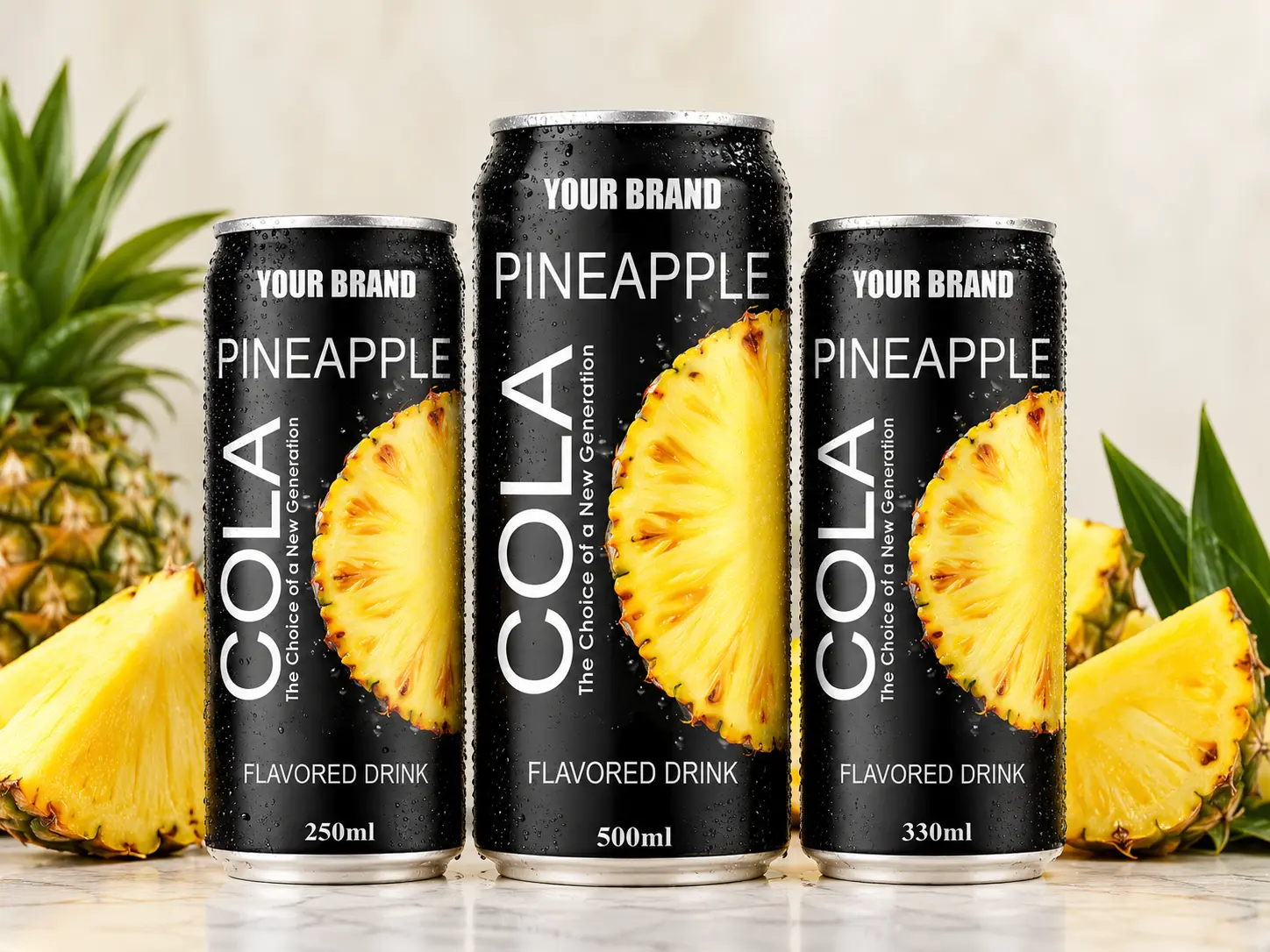 COLA DRINK Pineapple flavour in 250ml, 500ml, and 330ml cans.