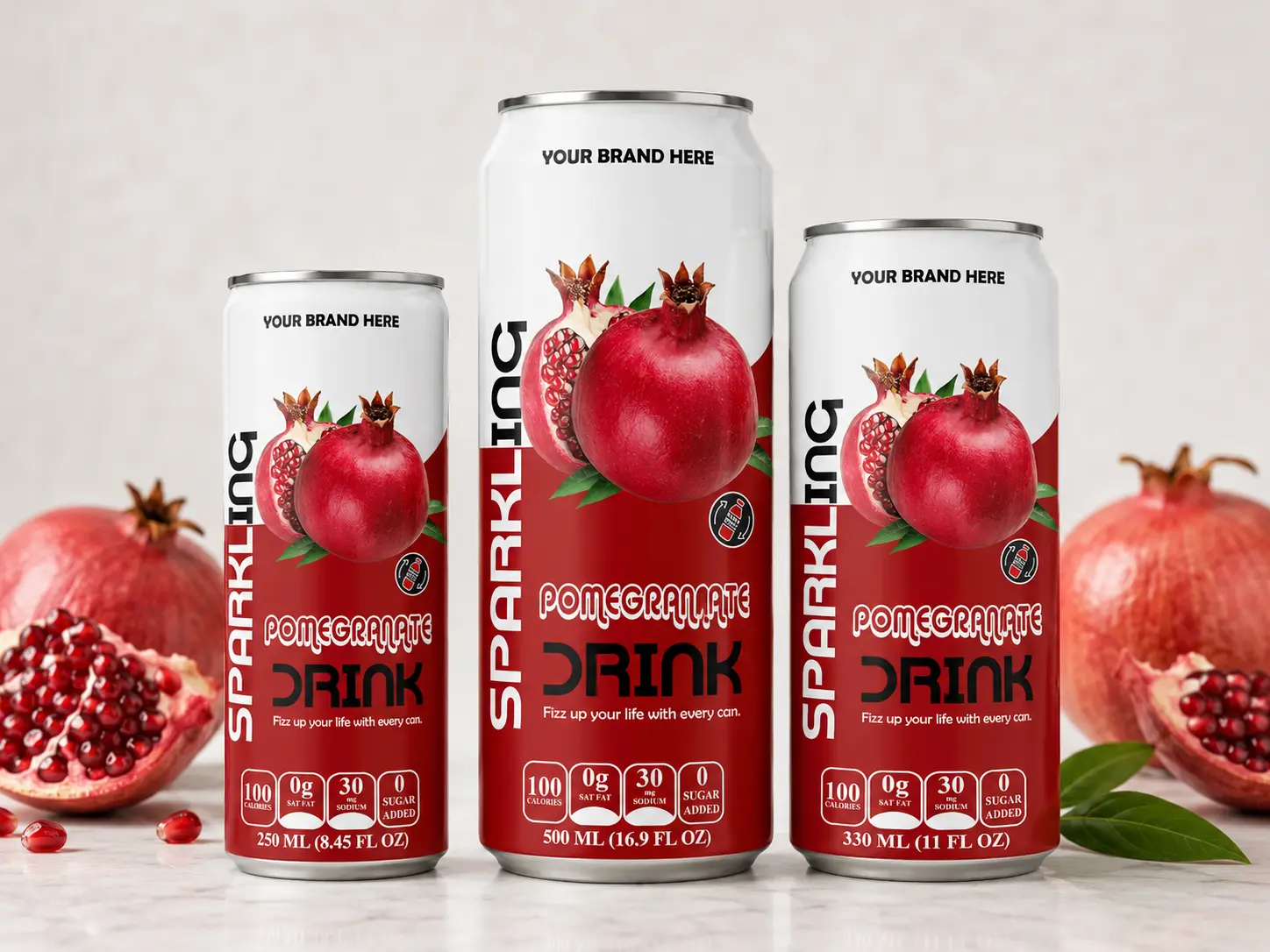 SPARKLING DRINK Pomegranate Flavored Drink in 275ml, 500ml, and 330ml cans.