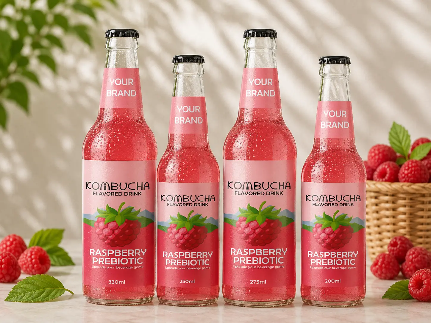 KOMBUCHA DRINK Raspberry Prebiotic in 200ml, 250ml, 275ml and 330ml glass bottles.