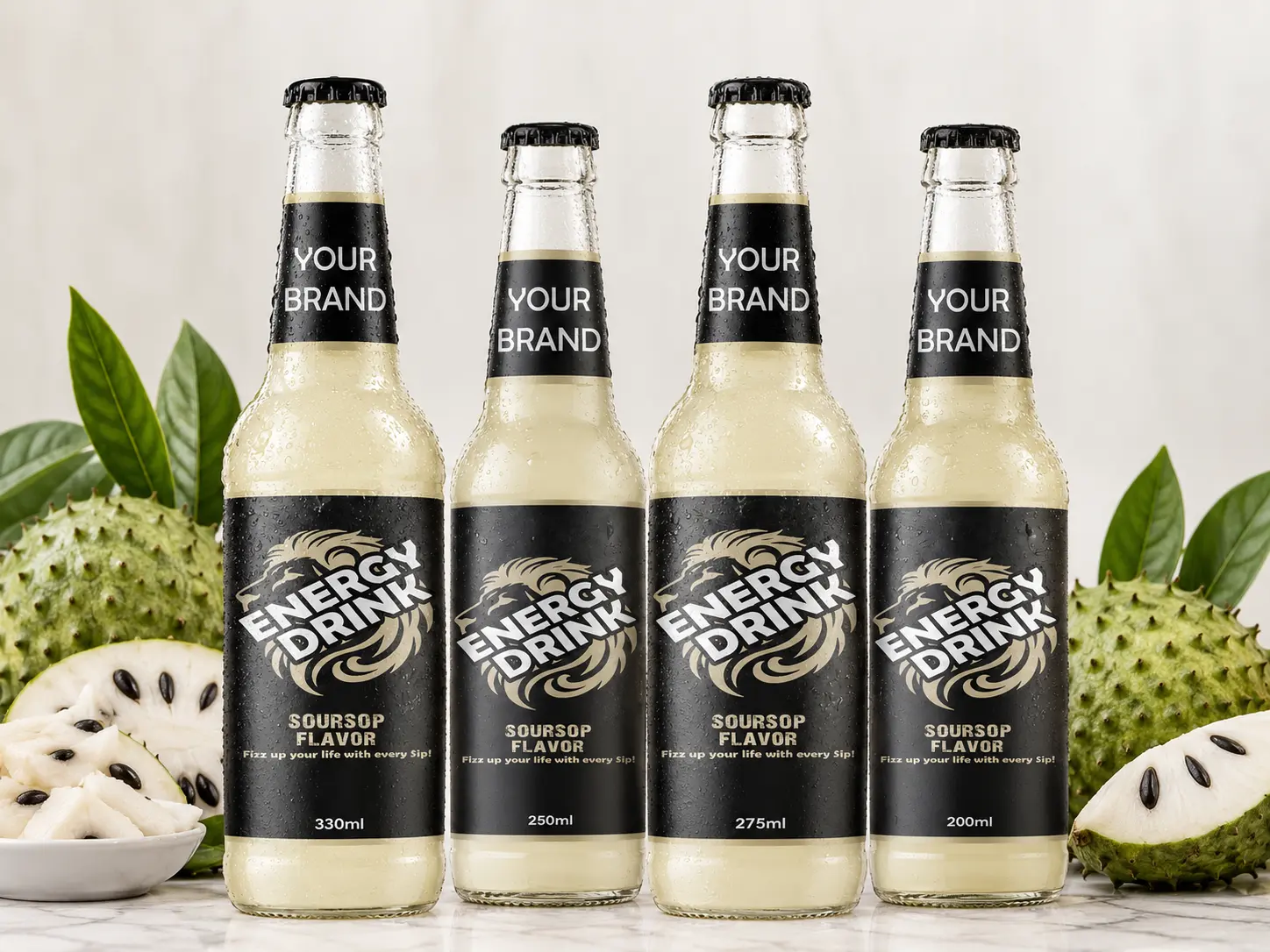 ENERGY DRINK Soursop flavored drink Flavor 330ml, 250ml, 275ml and 200ml glass bottles