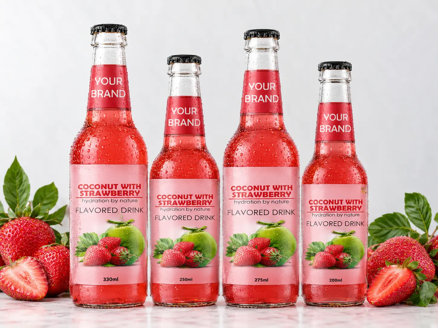COCONUT FLAVORED DRINK strawberry flavour shown in 330ml, 250ml, 275ml, and 200ml bottles.