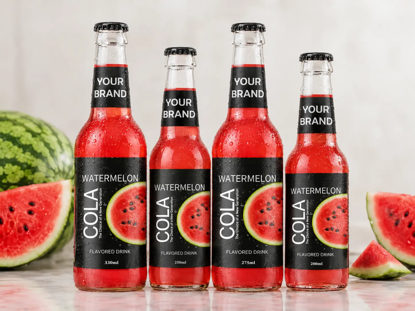 COLA DRINK Watermelon flavour in 330ml, 250ml, 275ml, and 200ml glass bottles.