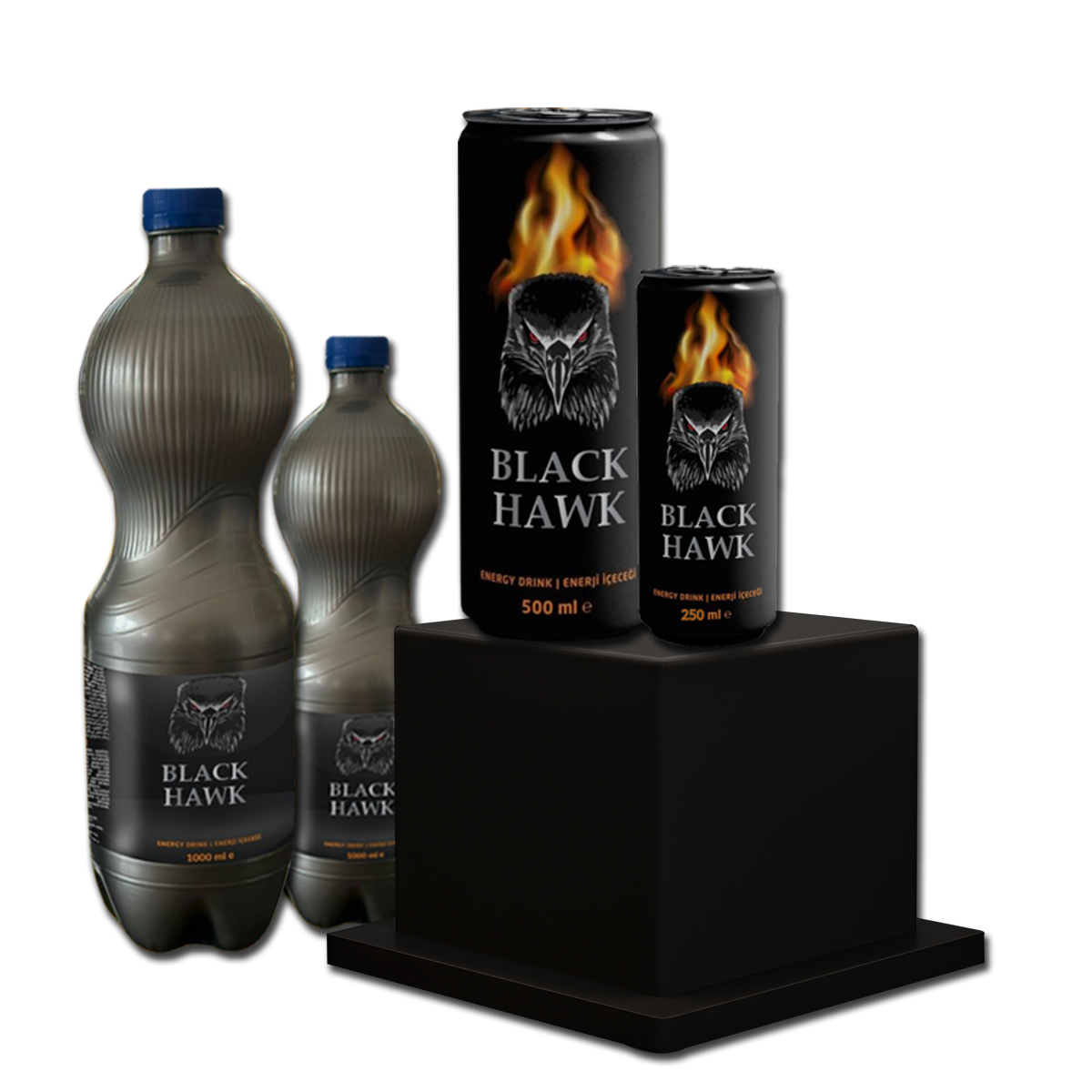 Display of Black Hawk energy drinks in various sizes on a black pedestal, emphasizing the intense and bold design.