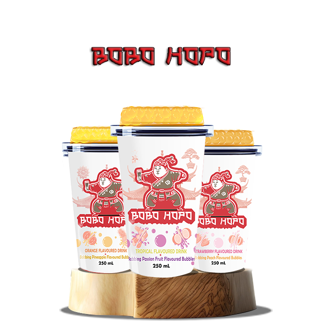 Bobo Hopo flavored bubble drinks - Adorable red Bobo Hopo bubble drink cups in orange, strawberry, and tropical flavors.