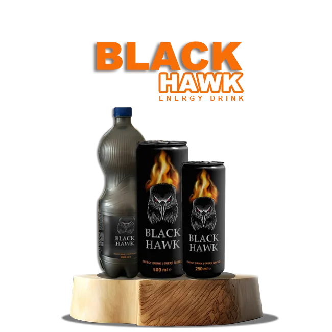 Black Hawk energy drinks on wood display - Powerful and intense Black Hawk energy drink bottles with fiery Hawk graphics.