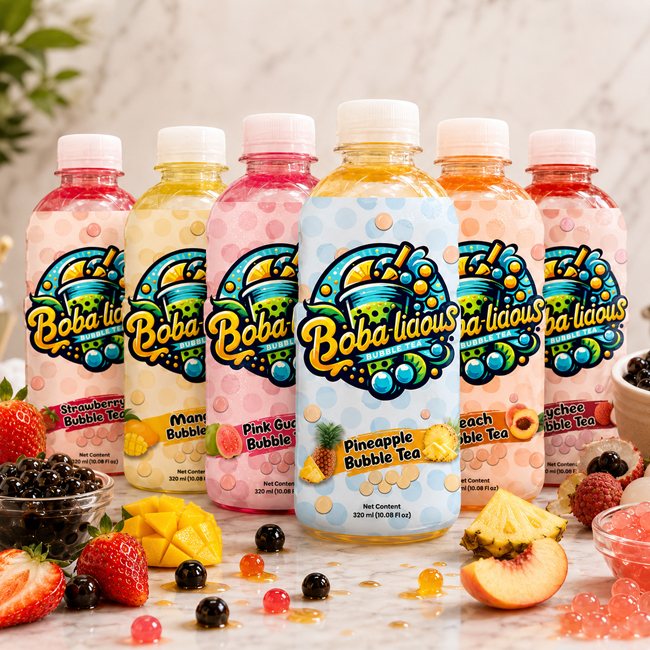 Bobalicious 320ml canned bubble tea range with pineapple, pink guava, strawberry, mango, lychee and peach flavours displayed with fresh fruits.