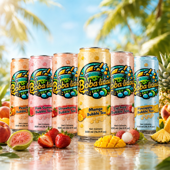 Bobalicious 500ml canned bubble tea range with pineapple, pink guava, strawberry, mango, lychee and peach flavours displayed with fresh fruits.