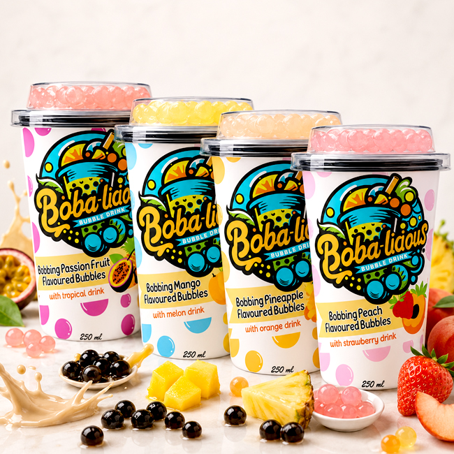 Bobalicious 250 ml cups featuring Passion Fruit, Mango, Pineapple, and Peach flavoured bobbing bubbles.