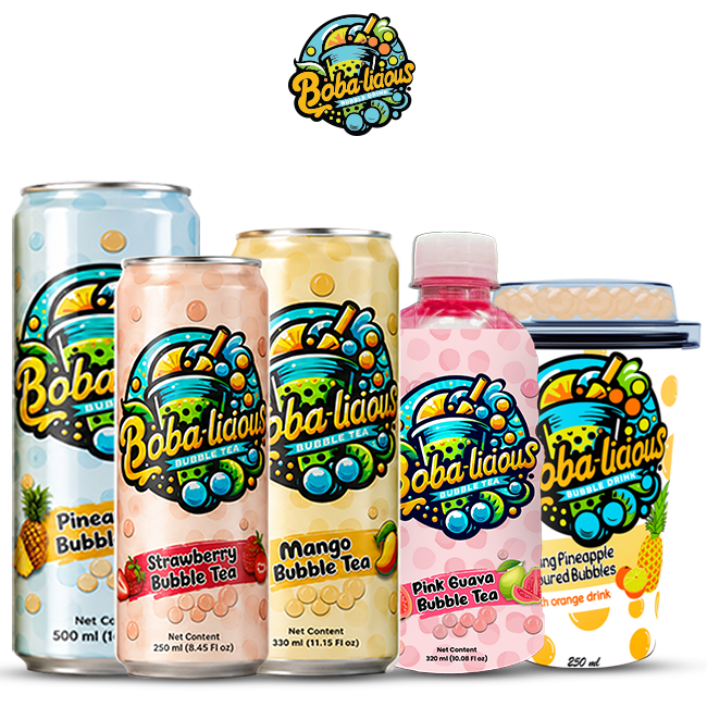 Bobalicious assorted bubble tea range featuring Strawberry 250ml can, Mango 330ml can, Pineapple 500ml can, Pineapple 250ml cup, and Pink Guava 320ml bottle.