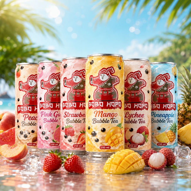 Bobo Hopo 250ml canned bubble tea range with mango, lychee, pineapple, strawberry, pink guava and peach flavours displayed with fresh tropical fruits.