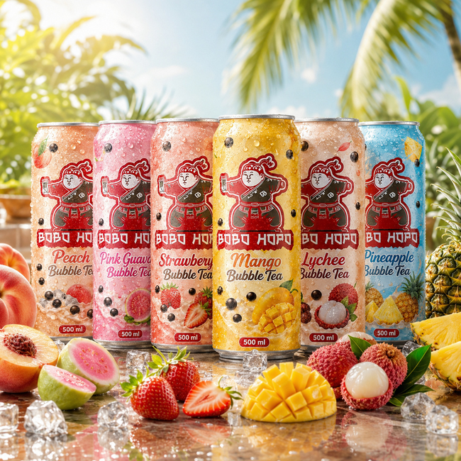 Main image: Bobo Hopo 500ml canned bubble tea range with peach, pink guava, strawberry, mango, lychee and pineapple flavours displayed with tropical fruits.