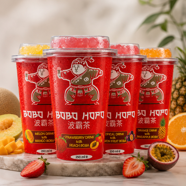 BOBO HOPO 250 ml fruit boba tea cups with strawberry, melon, tropical and orange flavours.
