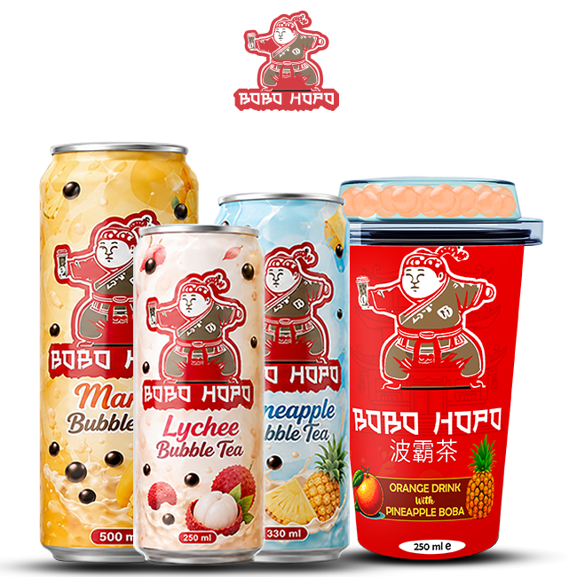 Bobo Hopo assorted bubble tea drinks featuring Strawberry Peach Boba 250ml cup, Mango 500ml can, Pineapple 330ml can, and Lychee 250ml can.