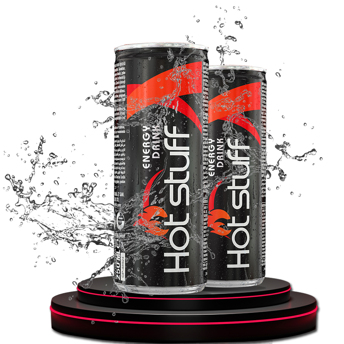 Dynamic display of Hot Stuff energy drinks splashing with water, showcasing the explosive energy boost.