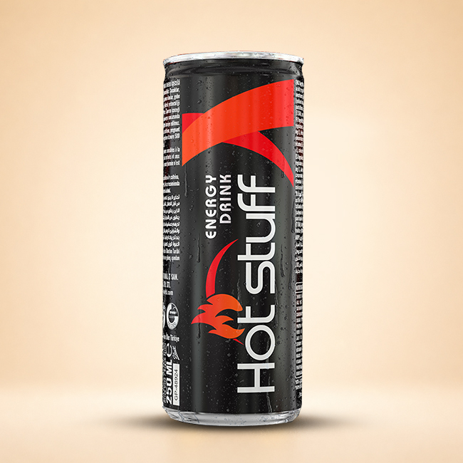 Hot Stuff Energy Drink 250ml black and red can.