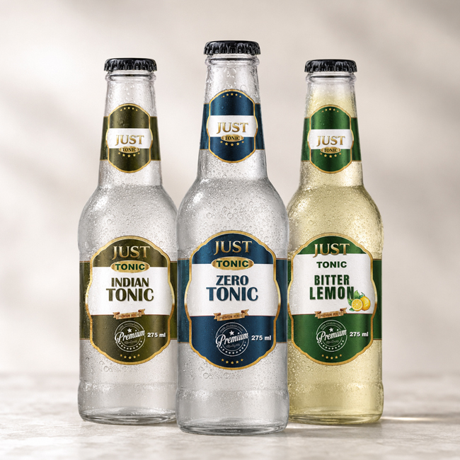 Three chilled glass bottles of Just Tonic beverages—Indian Tonic, Zero Tonic, and Bitter Lemon—standing side by side with condensation on a light background.