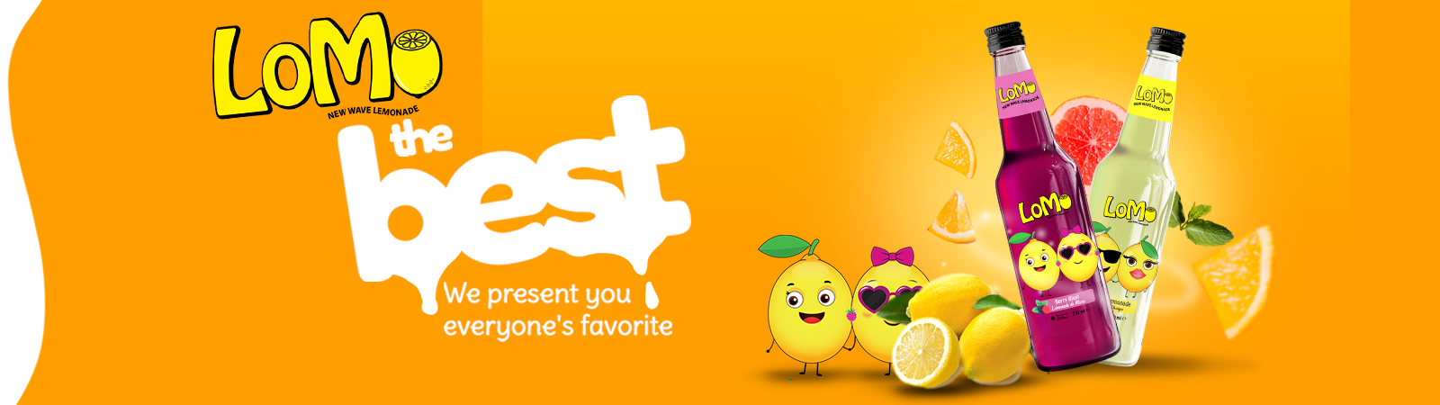 Bright and cheerful LOMo lemonade promotional banner highlighting 'The Best' tagline with citrus fruits.