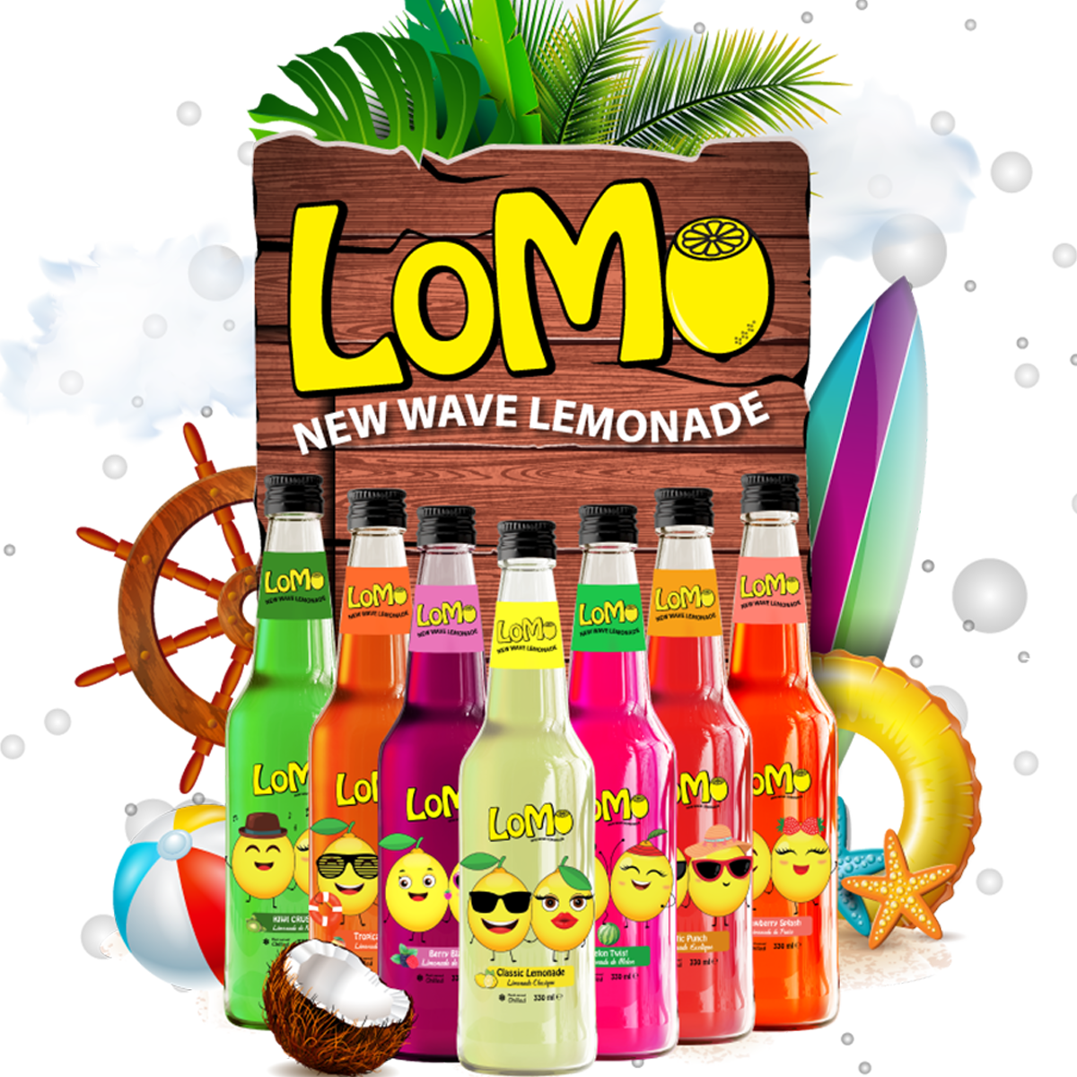 Summer-themed presentation of Lomo New Wave Lemonade in multiple fruity flavors, perfect for beach days.