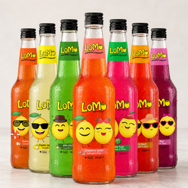 LoMo New Wave Lemonade assorted flavours in 330ml glass bottles.