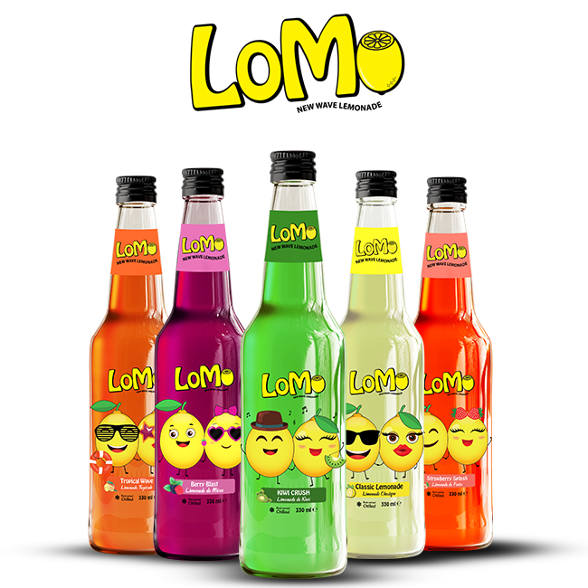 LoMo New Wave Lemonade 330ml glass bottles in Tropical Wave, Berry Blast, Kiwi Crush, Classic Lemonade, and Strawberry Splash flavours.