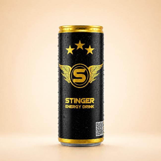 Stinger Energy Drink 250ml black and gold slim can.