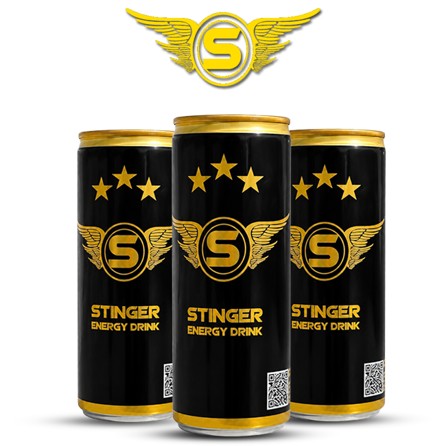 Stinger Energy Drink black and gold cans with winged logo and premium energy drink branding.