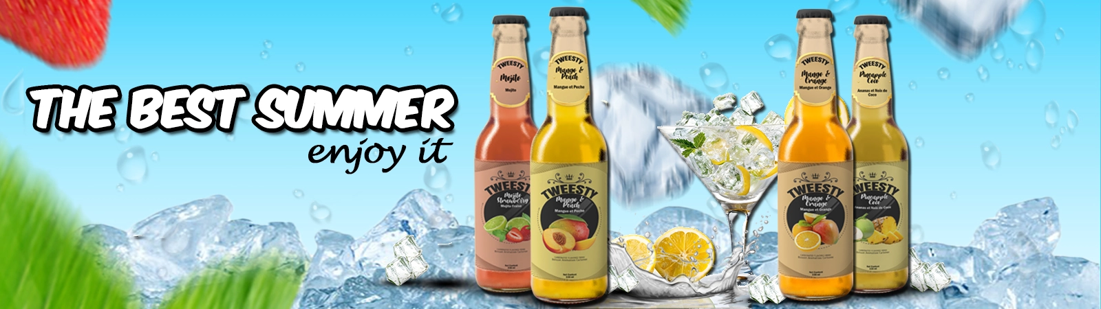 image for summer drinks featuring ice cubes, citrus, and bottles of fruit-flavored beverages under "THE BEST SUMMER enjoy it" text.