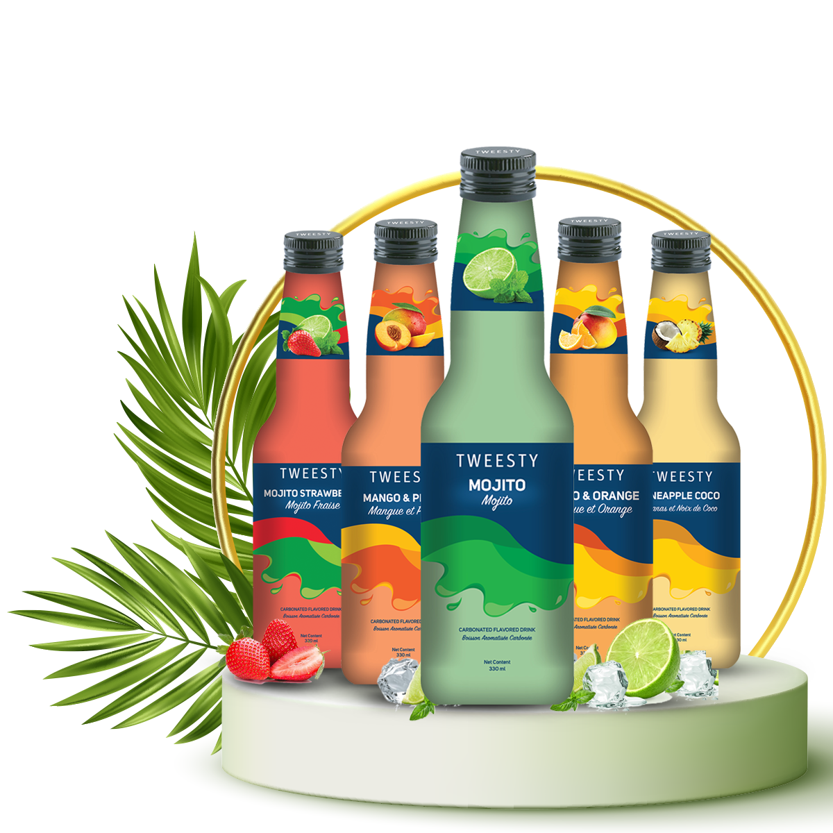 Collection of Tweesty fruit drinks, featuring unique flavors like Mojito Strawberry and Mango &amp; Pineapple, set against a vibrant backdrop.