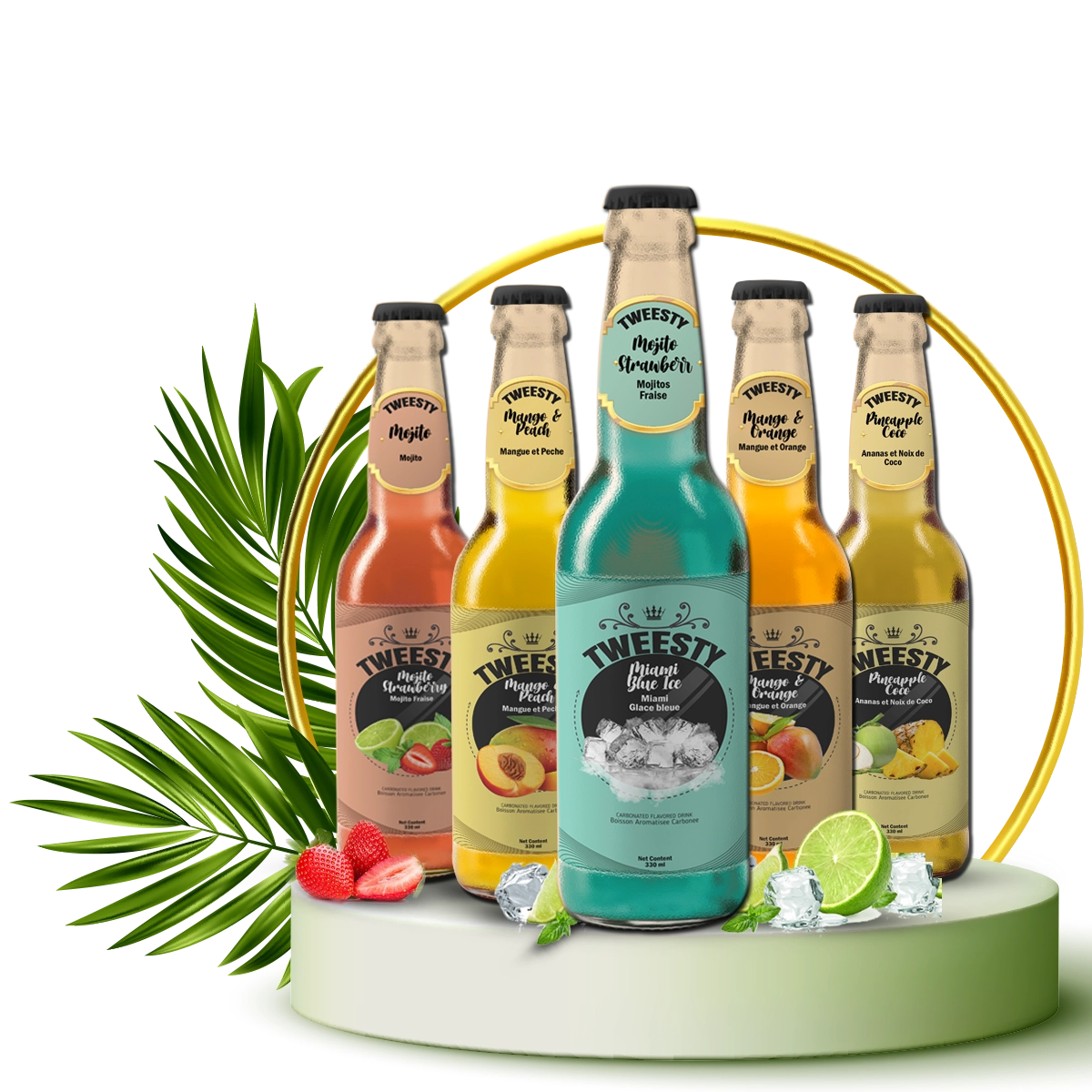 Collection of Tweesty fruit drinks, featuring unique flavors like Mojito Strawberry and Mango &amp;amp;amp;amp;amp; Pineapple, set against a vibrant backdrop.