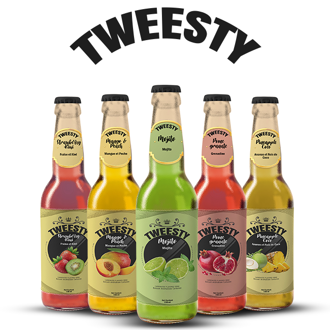 Tweesty bottled drinks on a wooden stand - colourful assortment of Tweesty Mojito, Pineapple Coconut, and Strawberry and Orange flavors.