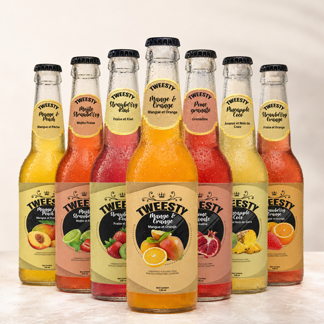 Tweesty assorted fruit drinks 330ml glass bottles in mango orange, mojito strawberry, strawberry kiwi, pomegranate, pineapple coco and strawberry orange flavours.