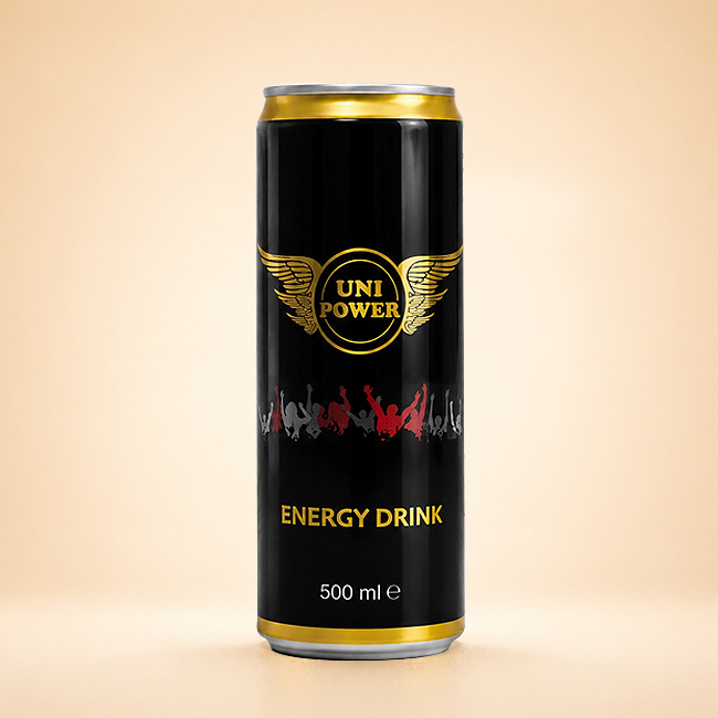Uni Power Energy Drink 500ml black and gold can.