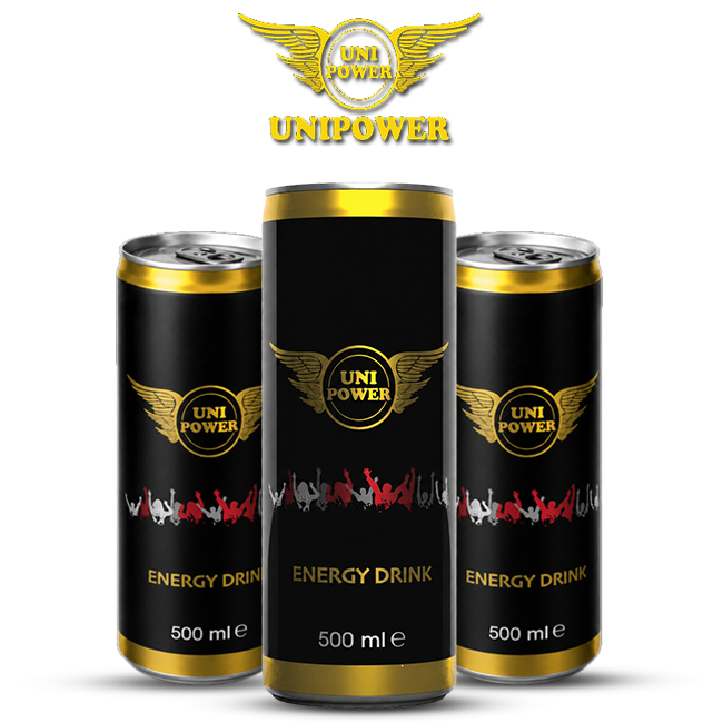 Uni power Energy Drink 500ml black and gold cans with winged logo and premium energy drink branding.