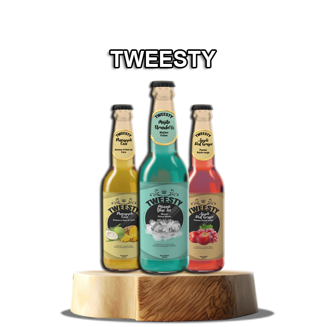 Tweesty bottled drinks on a wooden stand - colorful assortment of Tweesty Mojito, Pineapple Coconut, and Strawberry &amp;amp;amp;amp;amp; Orange flavors.