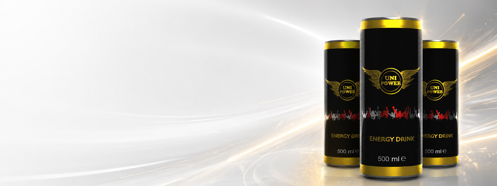 Uni Power Energy Drink 500ml black and gold cans with glowing light effects on a white background.