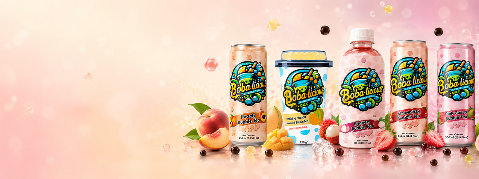 Bobalicious bubble tea range featuring peach, mango, lychee, strawberry and pink guava flavours in cans, cup and bottle formats.