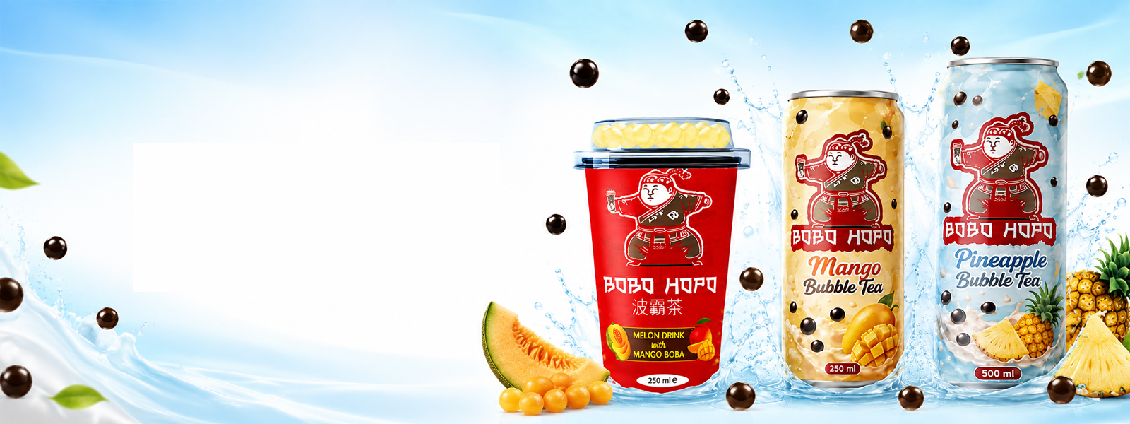 Bobohopo bubble tea cup and lychee, mango, and pineapple bubble tea cans with fresh fruit and tapioca pearls.