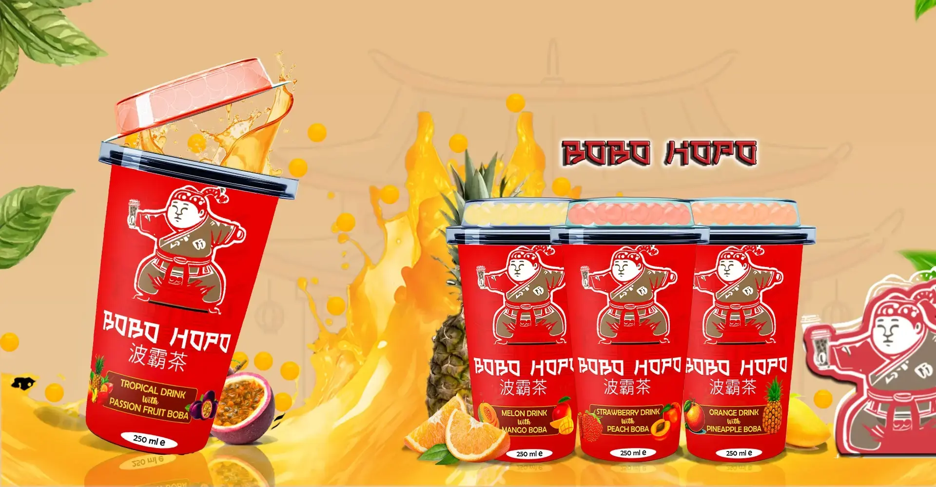 Colorful Bobo Hopo bubble tea cups with vibrant fruity flavors and playful branding on a tropical splash background.