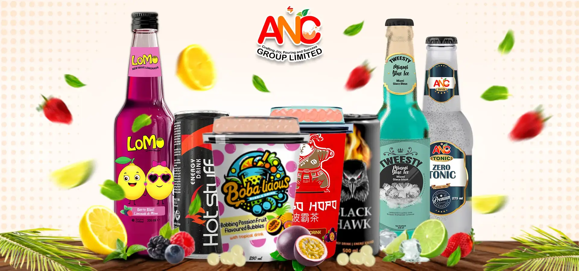 Assorted beverages including LOMO, Bobalicious, Bobo Hopo, Hot Stuff, Tweesty, and ANC Zero Tonic with fruits and ice.