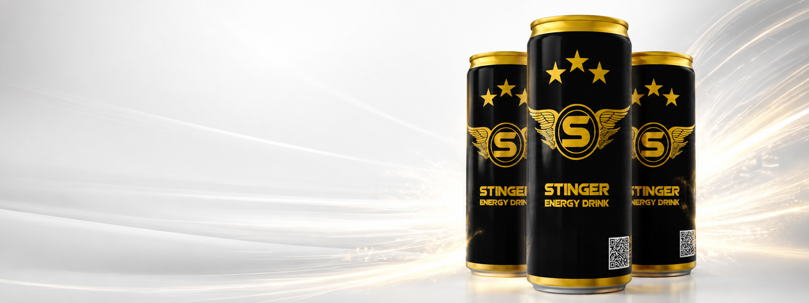 Stinger Energy Drink black and gold cans with dynamic golden light trails on a white background.