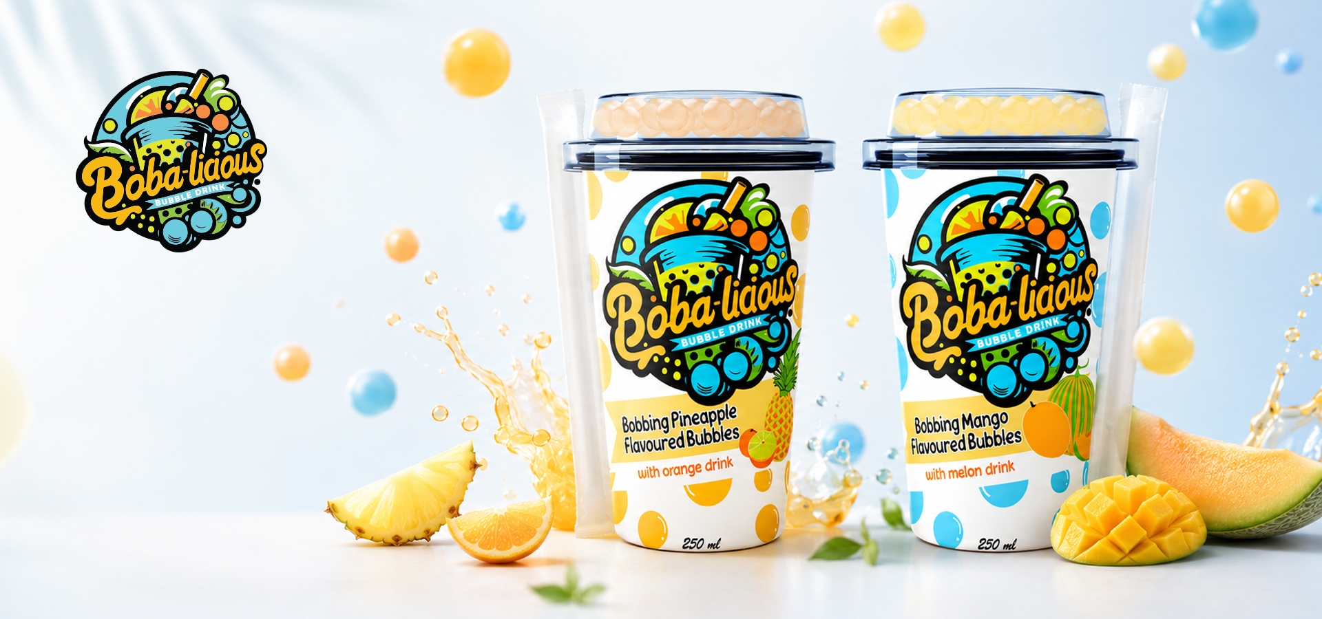 Bobalicious 250ml bubble drink cups with juicy mango and pineapple popping bubbles in a bright tropical fruit setting.