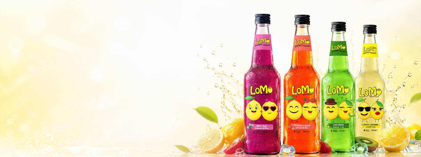 Lomo Berry Blast, Strawberry Splash, Kiwi Crush, and Classic Lemonade drinks in 330ml glass bottles with fresh fruit.