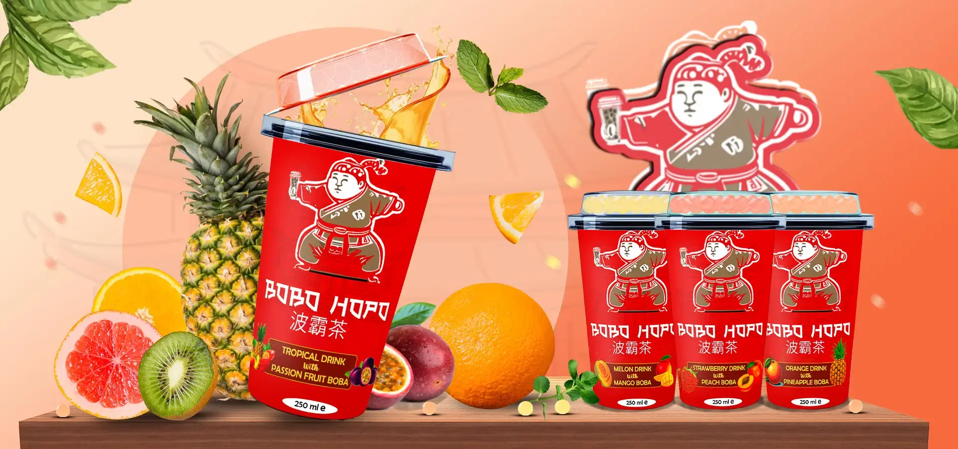 Bobo Hopo tropical fruit boba drinks displayed with fresh fruits and vibrant red packaging.